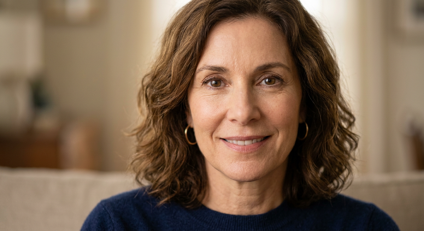 Middle-aged woman with curly brown hair smiling indoors