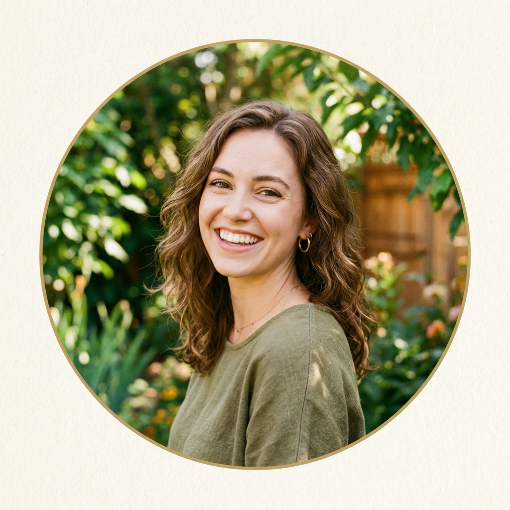 Smiling woman with curly brown hair wearing green top outdoors
